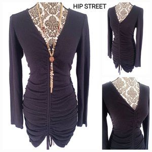 FASHION NOVA Soft Stretch Fleece LS Center Ruche Tie Body Con Dress L